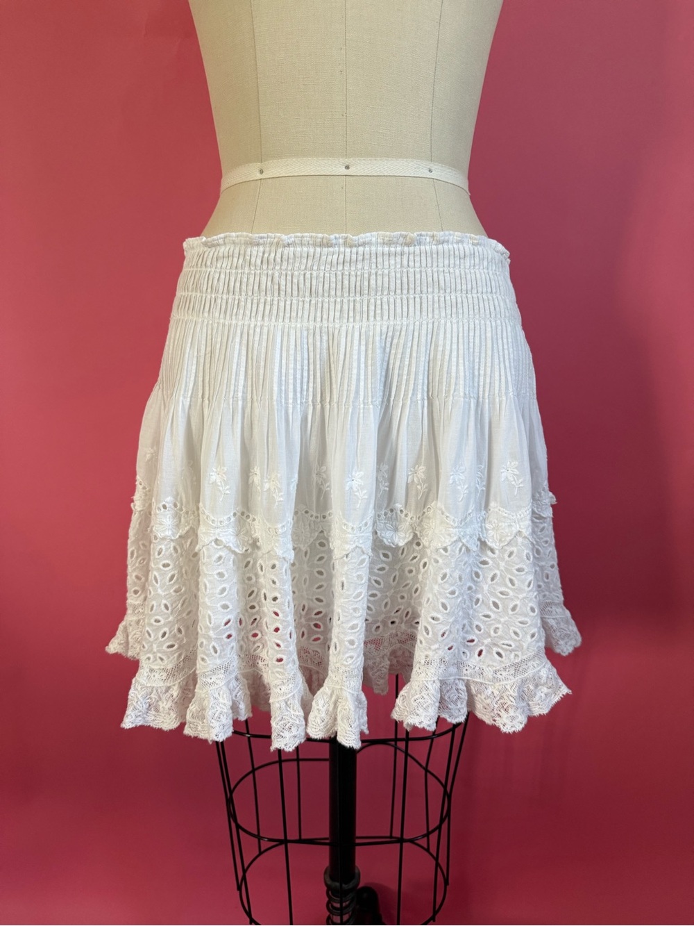 LoveShackFancy Moira Charming White Cotton Eyelet Lace Mini Skirt Cottagecore L